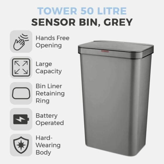 50L Rectangular Sensor Trash Can, Plastic Outer Material, Fingerprint-Resistant Coating, Gray